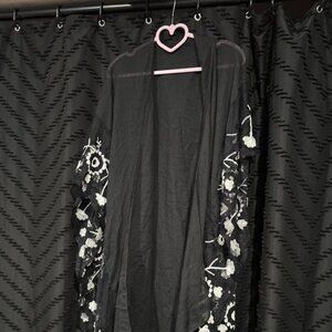 Black Sheer Kimono with White Floral Embroidery